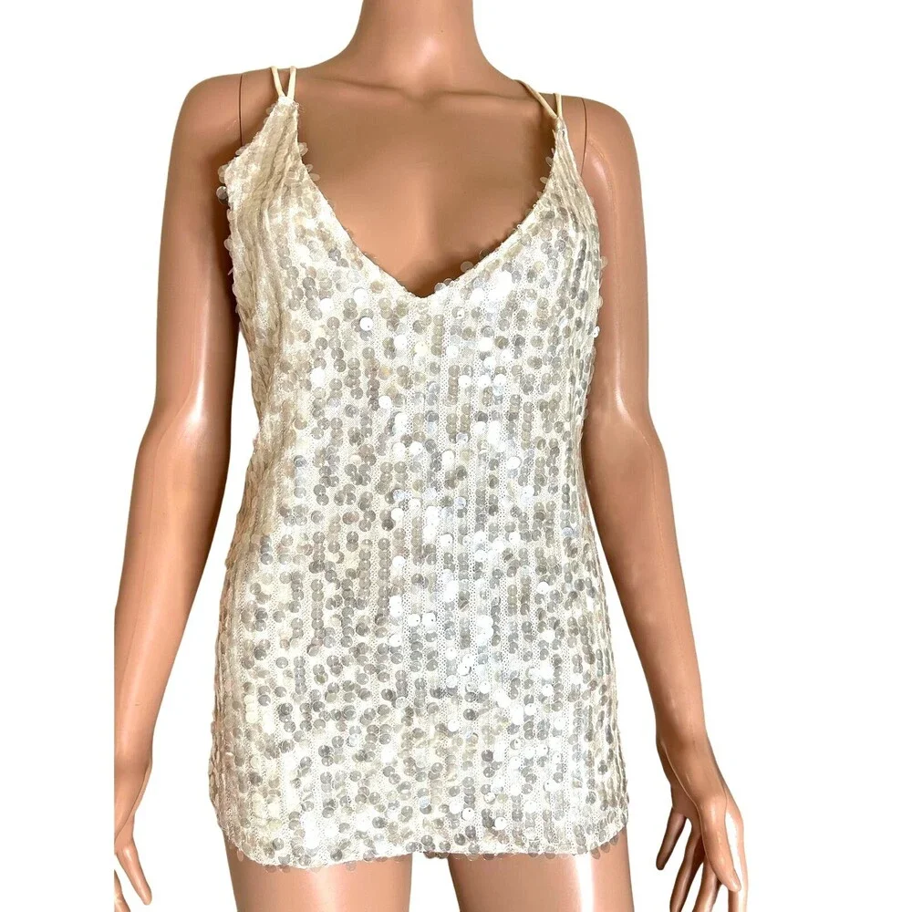 On Two Fifth sparkly sequined top strappy cream/gold shimmer  SZ M sleeveless - Picture 2 of 10